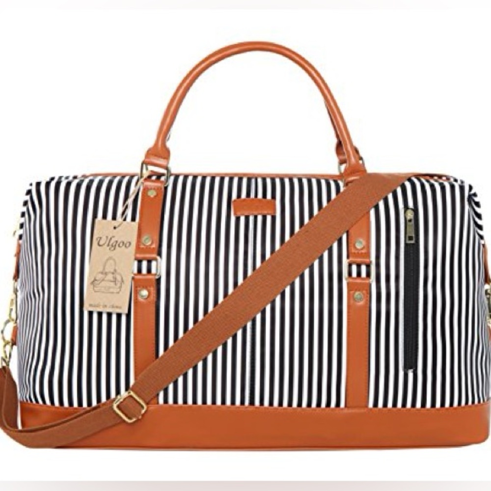 Ulgio Striped Black and White Duffel Bag with Brown Accents